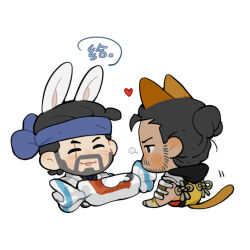  2boys a_miao animal_ears black_hair blue_hairband candy cat_ears cat_tail chibi chibi_only closed_eyes closed_mouth commentary_request food hair_bun hairband kemonomimi_mode male_focus mature_male mortal_kombat_(series) multiple_boys open_mouth oversized_food oversized_object rabbit_ears scar scar_across_eye scar_on_face scorpion_(mortal_kombat) short_hair simple_background sparse_stubble sub-zero tail translation_request white_background wrapped_candy 