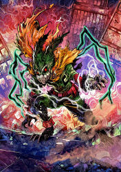  1boy 2025 abstract_background aqua_bodysuit artist_logo belt belt_pouch black_whip_(boku_no_hero_academia) bodysuit boku_no_hero_academia buckle cape cityscape colorful_background dated electricity floating_cape full_cowling_(boku_no_hero_academia) gloves glowing glowing_eyes green_bodysuit green_mask highres logo male_focus mask midoriya_izuku pouch purple_background red_background red_belt red_eyes rubble saturated snap-fit_buckle solo superhero_costume tendril torn_cape torn_clothes torn_sleeve utility_belt vinartwork white_gloves wreckage yellow_cape 