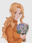  1girl absurdres blonde_hair bouquet closed_mouth eyvel fire_emblem fire_emblem:_thracia_776 flower highres holding holding_bouquet light_smile long_hair long_sleeves looking_at_viewer mazi_(pirate_archer) orange_eyes orange_shirt shirt solo upper_body white_background 
