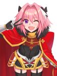  astolfo_(fate) black_bow black_thighhighs bow cape fang fate/grand_order fate_(series) fur-trimmed_cape fur_trim garter_straps gauntlets gloves hair_bow hair_intakes highres kumo955 leaning_forward male_focus multicolored_hair official_alternate_costume one_eye_closed open_mouth otoko_no_ko pink_hair red_cape skin_fang smile solo streaked_hair thigh-highs v violet_eyes 