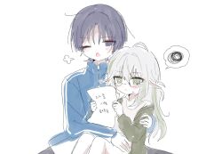  1boy 1girl alternate_costume alternate_hairstyle bespectacled blue_sleeves blue_track_suit blunt_ends braid casual contemporary cross-shaped_pupils eyeliner genshin_impact glasses green_eyes green_hair green_jacket green_pupils green_sleeves grey_eyes grey_hair grey_pupils gym_uniform hair_down hair_intakes half_crown_braid hetero jacket long_sleeves looking_at_object looking_at_viewer makeup messy_hair nahida_(genshin_impact) off_shoulder one_eye_closed open_mouth pointy_ears puff_of_air reading red_eyeliner scaramouche_(genshin_impact) shirt sitting sketch spoken_squiggle squiggle symbol-shaped_pupils tearing_up tears track_suit tsurime wheat_02 white_background white_shirt white_trim wispy_bangs 
