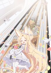  1girl absurdres animal_ears bird blonde_hair blue_archive bouquet church closed_eyes commentary_request dress flower fox_ears fox_girl hair_flower hair_ornament halo highres holding holding_bouquet indoors instrument kyouwashi long_hair open_mouth organ_(instrument) seia_(blue_archive) solo very_long_hair white_bird white_dress white_flower yellow_halo 