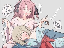  2girls absurdres black_ribbon blue_kimono blush breasts choko_(cup) closed_eyes commentary_request cup drunk grey_background grey_hair hair_intakes hair_ribbon highres holding holding_cup index_finger_raised japanese_clothes kamiina_botan kamiina_botan_yoeru_sugata_wa_yuri_no_hana kimono lap_pillow mole mole_on_breast multiple_girls obi open_mouth pink_hair pink_kimono ribbon sash short_hair simple_background speech_bubble sweat tokkuri tonami_ibuki translation_request two_side_up xoo_(x) yuri 