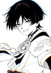  1boy arm_at_side bishounen blunt_ends bodysuit bow chromatic_aberration feathered_wings gem genshin_impact greyscale hair_intakes half-closed_eyes highres japanese_clothes kimono looking_at_viewer male_focus monochrome open_clothes open_kimono open_mouth pom_pom_(clothes) portrait ringed_eyes scaramouche_(genshin_impact) short_sleeves side_cape solo tokiwa_seiyaku tsurime wanderer_(genshin_impact) white_background wings wispy_bangs wolf_cut 