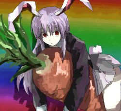  absurdres animal_ears blazer carrot cha_syu_oic collared_shirt commentary_request highres jacket lying_on_food oversized_food oversized_object rabbit_ears rabbit_girl rabbit_tail rainbow_background rainbow_gradient red_eyes reisen_udongein_inaba shirt skirt surreal tail thighs touhou white_shirt white_skirt 