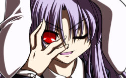  1girl 2000s_(style) animal_ears commentary_request elehime floppy_ears glowing glowing_eyes hand_over_eye long_hair looking_at_viewer one_eye_closed open_mouth portrait purple_hair rabbit_ears rabbit_girl red_eyes reisen_udongein_inaba smile solo touhou v-shaped_eyebrows 