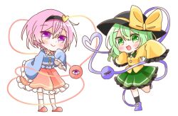  2girls black_hairband black_hat blue_shirt blush bow breasts buttons closed_mouth collared_shirt commentary_request diamond_button disembodied_linked_eye eyeball frilled_shirt_collar frilled_skirt frilled_sleeves frills full_body green_eyes green_hair green_skirt hair_between_eyes hair_ornament hairband hat hat_bow heart heart_button heart_hair_ornament heart_of_string komeiji_koishi komeiji_satori long_sleeves looking_at_viewer multiple_girls open_mouth pink_eyes pink_hair pink_skirt pink_slippers ribbon-trimmed_collar ribbon_trim shirt siblings simple_background sisters skirt sleeves_past_fingers sleeves_past_wrists slippers small_breasts smile socks touhou wakana1327 white_background white_socks wide_sleeves yellow_bow yellow_shirt 