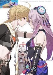  1boy 2girls aether_(genshin_impact) ahoge arm_armor black_scarf blonde_hair blue_eyes braid breasts citlali_(genshin_impact) clothing_cutout commentary_request cryo_symbol_(genshin_impact) diamond_hair_ornament dress earrings feathers floating floating_headgear forehead-to-forehead game_screenshot_inset genshin_impact glove_cutout hair_between_eyes hair_intakes hair_ornament halo halter_leotard halterneck hand_on_another's_head headgear heads_together hetero highres jewelry leotard long_hair low-braided_long_hair low-tied_long_hair mechanical_halo midriff miya_hayashi_(ummd7854) multicolored_hair multiple_girls navel open_mouth paimon_(genshin_impact) pink_feathers pink_hair purple_feathers purple_nails purple_sarong reference_inset ribbed_leotard ring_hair_ornament romper sarong scarf screenshot_inset single_braid surprised turtleneck turtleneck_leotard very_long_hair vision_(genshin_impact) white_dress white_hair white_romper white_scarf wide-eyed 