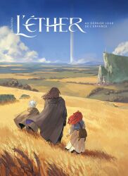  1boy 1girl 1other ahoge art_of_papayou bag blue_shirt blue_sky brown_bag brown_cape brown_hair cape cliff clouds commentary_request day english_commentary facing_away field floating_hair french_commentary from_behind grand_scale highres horizon landscape long_hair long_skirt long_sleeves mixed-language_commentary original outdoors red_hair scenery shirt short_hair shoulder_bag skirt sky standing tower town wheat white_hair white_skirt white_sleeves 