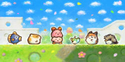  animal asirai beak bird blob blush_stickers bow cat chuchu_(kirby) clouds coo_(kirby) crying falling_petals fish flower hamster happy highres kine_(kirby) kirby kirby's_dream_land_3 kirby_(series) nago_(kirby) no_humans ocean_sunfish outdoors owl petals pick_(kirby) red_bow rick_(kirby) sad sitting sitting_on_person sky smile whiskers wings 