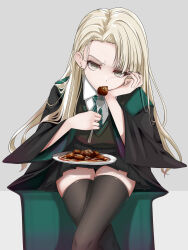  1girl black_nails black_robe black_skirt blonde_hair breasts collared_shirt commentary crossed_legs diagonal-striped_clothes diagonal-striped_necktie earrings eating food fork genderswap genderswap_(mtf) green_eyes green_necktie green_robe grey_sweater grey_sweater_vest hand_on_own_face harry_potter_(series) hatogayar highres hogwarts_school_uniform holding holding_fork jacket jewelry long_hair long_sleeves looking_at_viewer malfoid meatball medium_breasts miniskirt nail_polish necktie pasta pleated_skirt robe school_uniform shirt simple_background sitting skirt slytherin solo spaghetti spaghetti_and_meatballs striped_clothes striped_necktie sweater sweater_vest thigh-highs two-sided_fabric two-sided_robe two-tone_robe v-neck white_background white_shirt wizarding_world 
