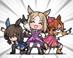  3girls admire_vega_(starry_nocturne)_(umamusume) admire_vega_(umamusume) animal_ears blush commentary_request crown ear_covers ear_ornament gold_corset highres horse_ears horse_girl horse_tail multiple_girls narita_top_road_(umamusume) necktie pink_crown single_ear_cover t.m._opera_o_(umamusume) tail umamusume umamusume:_road_to_the_top white_necktie yurin35699515 