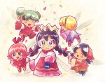  5girls :d ^_^ black_hair blonde_hair blue_eyes blush blush_stickers braid buttons character_request chiimako closed_eyes closed_mouth commentary_request crown double_bun dress fairy fairy_wings flying glasses green_hair green_hairband hair_between_eyes hair_bun hair_ribbon hairband head_scarf kirby_(series) kirby_64 layered_skirt long_sleeves looking_at_viewer multiple_girls open_mouth parted_bangs pink_hair pink_skirt purple_dress red_dress red_headwear red_ribbon red_skirt ribbon ribbon_(kirby) ripple_star_queen round_eyewear shirt short_hair simple_background skirt sleeves_past_fingers sleeves_past_wrists smile twin_braids violet_eyes wavy_mouth white_shirt wide_sleeves wings yellow_background yellow_ribbon 