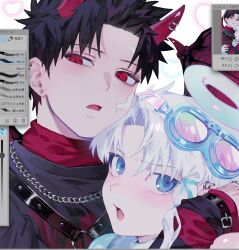  2boys :o alternate_costume angel_and_devil arm_around_shoulder arm_warmers art_program_in_frame belt black_hair black_shirt blue_eyes blue_shirt blush chain chain_necklace chest_belt clip_studio_paint_(medium) commentary_request demon_horns demon_wings ear_piercing earrings fang furrowed_brow goggles goggles_on_head hair_tie halftone halo heart heart6_6station highres horn_piercing horns jewelry kagurabachi looking_at_viewer male_focus multiple_boys necklace o-ring o-ring_belt parted_lips piercing portrait red_eyes red_shirt rokuhira_chihiro sazanami_hakuri scar scar_on_cheek scar_on_face scar_on_forehead shirt short_hair simple_background sleeve_garter star_(symbol) star_earrings striped_arm_warmers stud_earrings traditional_halo v-shaped_eyebrows very_short_hair white_background white_hair wings 