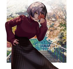  1girl alternate_costume alternate_hair_length_(shorter) artist_name autumn autumn_leaves black_hair black_hairband black_nails blurry blurry_background border breasts commentary covering_one_eye feet_out_of_frame grey_hair hairband hand_on_own_hip hazel_(hzlform) highres holding holding_leaf hololive hololive_english jewelry large_breasts leaf leaning_to_the_side multicolored_hair nail_polish necklace outside_border partially_bordered photo_background print_skirt purple_skirt purple_sweater shiori_novella short_hair skirt sleeves_past_wrists solo split-color_hair standing sweater sweater_tucked_in tongue tongue_out turtleneck turtleneck_sweater twitter_username virtual_youtuber white_border yellow_eyes 