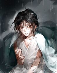  1boy absurdres aged_down all_wishes_come_true! black_hair brown_eyes chinese_clothes chinese_commentary coat coat_on_shoulders collarbone commentary_request dirty dirty_face hair_between_eyes hand_up hanfu highres injury looking_at_viewer lu_dongbin_(all_wishes_come_true!) lu_dongbin_(young)_(all_wishes_come_true!) male_focus messy_hair nigulassixiaonan parted_lips rain short_hair sitting solo wet wet_hair white_coat white_hanfu 