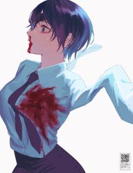  1girl absurdres amputee armless_amputee black_necktie black_pants blood blood_on_clothes blood_stain blue_eyes blue_hair chainsaw_man collared_shirt double_amputee eyepatch eyeshadow from_side gm_gn8 highres himeno_(chainsaw_man) long_sleeves makeup necktie nosebleed pants shirt white_background white_shirt 