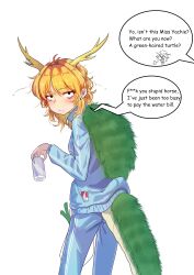  2girls :d absurdres alternate_costume antlers bag bags_under_eyes barbell_piercing black_eyes blonde_hair blue_track_suit blush bug can censored_profanity chinese_commentary cigarette_pack closed_eyes closed_mouth commentary_request contemporary cowboy_hat dragon_girl dragon_tail drooling ear_piercing english_text fang feet_out_of_frame fly freckles green_fur green_tail hair_between_eyes hat highres holding holding_bag holding_can horns hunched_over industrial_piercing kicchou_yachie kurokoma_saki long_hair long_sleeves looking_at_viewer messy_hair multiple_girls multiple_piercings object_in_pocket open_mouth piercing pocket sanpaku sidelocks silk simple_background skin_fang sleepymoon slovenly smile solo_focus spider_web spoken_character spring_onion standing tail touhou track_suit turning_head turtle_shell unkempt white_background yellow_horns 