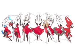  :3 black_skin brown_fur cloak cogfly_(hollow_knight) colored_skin commentary crest_(hollow_knight) flea_(hollow_knight) full_body highres hollow_knight hollow_knight:_silksong hood hood_up hooded_cloak horn_ornament horned_mask hornet_(hollow_knight) horns lelegular mask multiple_views needle_(hollow_knight) needolin_(hollow_knight) simple_background standing tentacles tiara tool_(hollow_knight) white_background white_mask 