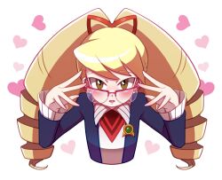  1girl :o bespectacled big_hair blonde_hair blue_dress bow brown_eyes commentary cropped_torso dress drill_hair ebimpawa english_commentary glasses hair_bow heart long_hair long_sleeves looking_at_viewer luna_platz_(mega_man) mega_man_(series) mega_man_star_force_(series) open_mouth red_bow solo twin_drills twintails white_background 