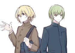  2boys bag bang_dream! bang_dream!_it's_mygo!!!!! blonde_hair blue_jacket breast_pocket brown_jacket closed_mouth gakuran genderswap genderswap_(ftm) green_hair grey_background hand_up high_collar jacket light_smile long_sleeves looking_at_viewer male_focus misumi_uika multiple_boys pocket school_uniform setou_(bpdne) short_hair shoulder_bag simple_background upper_body violet_eyes wakaba_mutsumi yellow_eyes 
