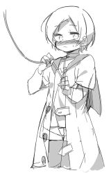  1boy anpolly blush closed_mouth collar commentary_request cosplay cowboy_shot greyscale leash male_focus medic_(sekaiju) medic_(sekaiju)_(cosplay) medic_(sekaiju_4) medic_3_(sekaiju_4) monochrome parted_bangs pet_play sailor_collar sekaiju_no_meikyuu sekaiju_to_fushigi_no_dungeon short_hair short_sleeves simple_background small_sweatdrop solo standing white_background 