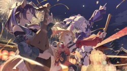  3girls absurdres aerial_fireworks animal_ears auklet5580 blue_kimono blue_nails blush brown_eyes cho_kaguya-hime! closed_eyes commentary detached_sleeves festival fireworks fox_ears fox_girl fox_tail fushi_(cho_kaguya-hime!) hair_ornament highres holding holding_stick instrument inudoge japanese_clothes kaguya_(cho_kaguya-hime!) kaguya_(fanatic_omatsuri_girl)_(cho_kaguya-hime!) kaguya_(tsukuyomi)_(cho_kaguya-hime!) kimono lantern long_hair multiple_girls nail_polish night open_mouth pointing ponytail purple_hair rabbit_ears rabbit_girl red_kimono runami_yachiyo runami_yachiyo_(fanatic_omatsuri_girl) runami_yachiyo_(tsukuyomi) sakayori_iroha sakayori_iroha_(fanatic_omatsuri_girl) sakayori_iroha_(tsukuyomi) smile stick summer_festival tail textless_version 