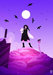  1girl absurdres belt bird black_dress black_hair black_socks chainsaw_man commentary cross_scar dress english_commentary fourth_east_high_school_uniform from_below highres holding holding_sword holding_weapon intestines long_hair moon neck_ribbon night no_shoes pinafore_dress planted planted_sword ribbon scar scar_on_cheek scar_on_face scar_on_nose school_uniform shirt simple_bird skirt sleeveless sleeveless_dress smile socks spinal_cord standing suspender_skirt suspenders sword sword_on_back tanaka_(chainsaw_man) too_many too_many_birds victiny weapon weapon_on_back white_shirt yoru_(chainsaw_man) 