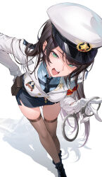  1girl absurdres armband black_boots black_hair black_necktie black_skirt blue_shirt boots breasts brown_thighhighs buttons collared_shirt commentary_request cuffs double-breasted gloves hand_on_own_hip handcuffs hat highres holding holding_handcuffs hololive jacket kakage leaning_forward long_hair looking_at_viewer medium_breasts necktie official_alternate_costume oozora_subaru oozora_subaru_(police) open_mouth paid_reward_available peaked_cap pencil_skirt police police_hat police_uniform policewoman shirt side_slit simple_background skirt solo teeth thigh-highs upper_teeth_only white_background white_gloves white_hat white_jacket 