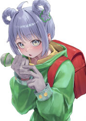  1girl absurdres ahoge bag blue_hair blush fang gloves green_raincoat grey_gloves hair_rings hands_up highres holding holding_microphone hood hood_down looking_at_viewer microphone parted_lips raincoat red_bag sakahana short_hair simple_background skin_fang virtual_youtuber vspo! white_background yano_kuromu yano_kuromu_(4th_costume) yellow_eyes 