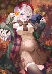  absurdres bare_shoulders blue_eyes cat commentary_request copyright_request hat highres leaf long_hair looking_at_viewer lying maple_leaf on_back original overcast skirt sky thigh-highs tsukimiya_sara white_hair 
