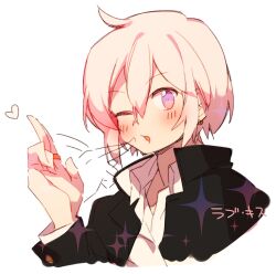  1boy :o ;o ahoge alternate_eye_color alternate_hair_color anpolly black_jacket commentary_request gakuseifuku_no_otokonoko_(sekaiju) hair_between_eyes hand_up heart jacket long_sleeves looking_at_viewer male_focus one_eye_closed open_clothes open_jacket portrait sekaiju_no_meikyuu sekaiju_no_meikyuu_5 shirt simple_background solo translation_request white_background white_shirt 