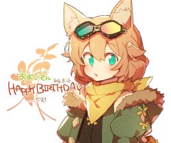  1boy :o animal_ear_fluff anpolly aqua_eyes bandana bandana_around_neck commentary_request dated fur-trimmed_jacket fur_trim green_jacket hair_between_eyes happy_birthday hood hooded_jacket hound_(sekaiju) hound_1_(sekaiju) jacket looking_at_viewer male_focus puffy_sleeves sekaiju_no_meikyuu sekaiju_no_meikyuu_5 solo upper_body white_background yellow_bandana 