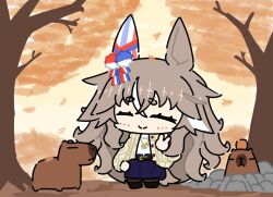  1girl animal_ears autumn blue_skirt capybara chibi closed_eyes full_body grey_hair highres horse_ears horse_girl long_hair looking_at_animal mr._catto outdoors shirt skirt smile solo squatting sweater tree umamusume v very_long_hair white_shirt wonder_acute_(casual)_(umamusume) wonder_acute_(umamusume) yellow_sweater 