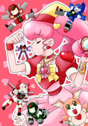  1boy 1girl ^_^ absurdres belt bow bowtie bracer brooch chibi choker closed_eyes closed_mouth commentary_request compact_(cosmetics) cosmetics creature crop_top dress drill_silver earrings fire_silver flailing frilled_dress frills green_eyes hair_ornament hands_up hat heart heart_background heart_brooch heart_choker heart_earrings heart_hair_ornament highres holding holding_compact holding_mini_person jet_silver jewelry looking_at_viewer mecha medium_hair mini_person miniboy necklace open_mouth ougon_yuusha_goldran pearl_necklace pink_background pink_choker pink_dress pink_hair profile puckered_lips puffy_short_sleeves puffy_sleeves red_belt red_hair red_shirt rinrin_(rinrindarinko) robot sharanla_sheathluh shirt short_sleeves single_bracer smile standing star_silver super_robot twintails walter_walzac waving_arms wristband yellow_bow yellow_bowtie yellow_eyes yellow_hat yuusha_series 