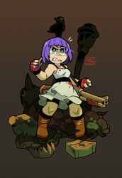  1girl bear_trap bird blood clenched_teeth commentary crow crow_country english_commentary fingerless_gloves first_aid_kit gloves green_eyes gun highres key kmau mara_forest pump_action purple_hair short_hair shotgun teeth weapon 