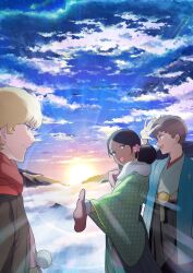  1girl 2boys absurdres amuro_ray bindi black_hair black_hakama blonde_hair blue_eyes blurry bokeh brown_coat brown_hair brown_mittens char_aznable clothing_request clouds cloudy_sky coat commentary_request dark-skinned_female dark_skin day depth_of_field desi double_bun flower from_side green_eyes grin gundam hair_bun hair_flower hair_ornament hakama highres japanese_clothes kimono lalah_sune mittens mobile_suit_gundam multiple_boys oh_syz open_mouth pink_flower profile reaching reaching_towards_another robe shading_eyes sky smile sun sunlight teeth tongue twilight upper_teeth_only white_robe 