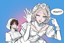  2girls :d blonde_hair blue_background blue_eyes blue_gem bow breasts bridal_veil brown_eyes brown_hair chest_bow closed_mouth collar couple detached_collar dress earrings flower frilled_gloves frills gem georgian_era gloves groom_pointing_at_wedding_ring_(meme) hair_bun halftone hands_up happy highres identity_v jewelry juliet_sleeves leaf leaning_forward leaning_to_the_side long_sleeves looking_at_another looking_at_viewer mary_(identity_v) mary_(promised_day)_(identity_v) medium_breasts melly_plinius meme multiple_girls necklace nose off-shoulder_dress off_shoulder one_eye_closed open_mouth pointing puffy_sleeves red_flower red_rose rose smile stomacher sweatdrop turtleneck turtleneck_dress veil wedding_dress white_bow white_collar white_flower white_gloves white_rose white_sleeves white_veil wife_and_wife y0luo7_iu yuri 