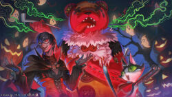  animal_costume bear_costume cait_sith_(ff14) cat cloak crown final_fantasy final_fantasy_xiv ghost goggles highres holding holding_smoking_pipe jack-o'-lantern leofard_myste mini_crown outstretched_arms promotional_art smile smoking_pipe tree 