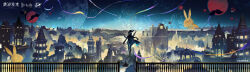  1girl absurdres black_boots black_coat black_hat black_pants blue_sky boots building coat coat_on_shoulders conductor conductor_baton copyright_name copyright_notice facing_away fireworks from_behind hat hat_feather highres holding_baton lamppost logo night official_alternate_costume official_art official_wallpaper pants railing reverse:1999 scenery sky skyline solo standing streamers top_hat unilog_(reverse:1999) vertin_(reverse:1999) very_wide_shot 