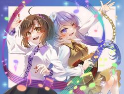  2girls :d ;d ahoge beamed_eighth_notes black_ribbon black_skirt breasts brown_eyes brown_hair chain collarbone commentary_request commission dress eighth_note flower hair_flower hair_ornament hairband instrument kinese_(katasutorohu) long_sleeves lute_(instrument) multiple_girls musical_note neck_ribbon one_eye_closed open_mouth plectrum purple_hairband ribbon shirt short_hair siblings sisters skeb_commission skirt smile touhou tsukumo_benben tsukumo_yatsuhashi violet_eyes white_flower white_shirt yellow_dress 