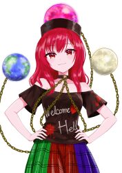  1girl absurdres bare_shoulders black_choker black_shirt breasts chain choker closed_mouth clothes_writing commentary_request cowboy_shot dot_nose earth_(ornament) gold_chain heart heart_in_eye hecatia_lapislazuli highres long_hair looking_at_viewer moon_(ornament) multicolored_skirt off-shoulder_shirt off_shoulder rakugaki_kontena red_eyes red_hair shirt short_sleeves simple_background skirt small_breasts smile solo symbol_in_eye t-shirt touhou underworld_(ornament) variant_set white_background 