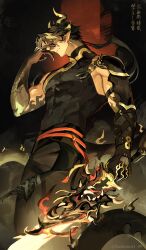  1boy absurdres arknights black_hair black_pants black_shirt chongyue_(arknights) claws closed_mouth colored_extremities commentary_request covered_abs cowboy_shot highres holding holding_sword holding_weapon male_focus okonon_(kado_colda) pants shirt solo sword tail weapon 