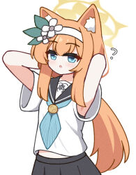  1girl :o ? animal_ear_fluff animal_ears apricotlemontea armpit_peek arms_behind_head arms_up black_sailor_collar black_skirt blue_archive blue_eyes blush cat_ears commentary_request flower hairband halo long_hair looking_at_viewer mari_(blue_archive) orange_hair parted_lips pleated_skirt sailor_collar school_uniform serafuku shirt short_sleeves simple_background skirt solo very_long_hair white_background white_flower white_hairband white_shirt 