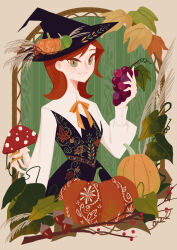  1girl absurdres acorn autumn autumn_leaves border branch collar commentary_request floral_print food fruit fuduki. fungi grapes green_background green_eyes hat highres leaf mushroom neck_ribbon no_lineart orange_ribbon original plant_print puffy_sleeves pumpkin pumpkin_hat_ornament red_hair ribbon smile susuki_grass upper_body white_collar witch witch_hat wooden_frame 