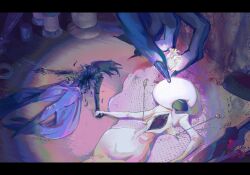  black_hair black_skin bodysuit closed_eyes colored_skin destroid dress grey_dress hat heart_(organ) highres holding_hands hollow_knight hollow_knight:_silksong lace_(hollow_knight) mikethepotato2 on_table phantom_(hollow_knight) pin puffy_sleeves table thimble thread twitter_username white_bodysuit white_eyes white_hat 