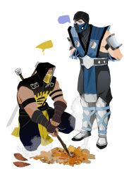 2boys a_miao arms_behind_back blue_eyes boots commentary_request food full_body hanzo_hasashi highres holding holding_stick hood hood_up kuai_liang looking_at_another male_focus mask mortal_kombat mortal_kombat_(series) mortal_kombat_9 mortal_kombat_x mouth_mask multiple_boys scorpion_(mortal_kombat) smoke squatting standing stick sub-zero sweet_potato white_background