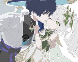  1boy 1girl armlet belt bishounen black_belt black_bodysuit black_bow black_hair black_shorts blue_cape blue_hat blue_jingasa blue_kimono blunt_ends bodysuit bow cape clenched_hand closed_mouth commentary_request couple cross-shaped_pupils detached_sleeves dress eyelashes face-to-face genshin_impact gold gold_armlet gold_trim green_cape green_sleeves hair_ornament hand_on_another's_back hand_on_another's_chest hat heart heart_hair_ornament hetero japanese_clothes jewelry jingasa juban kimono kocokooo korean_commentary long_hair mandarin_collar nahida_(genshin_impact) one_eye_closed open_clothes open_kimono parted_lips pointy_ears purple_sash sash scaramouche_(genshin_impact) short_dress shorts side_cape side_ponytail sidelocks sideways_mouth sketch smile symbol-shaped_pupils tsurime unfinished violet_eyes wanderer_(genshin_impact) white_background white_dress white_hair white_kimono white_mouth white_sleeves 