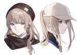  2girls baseball_cap beanie blonde_hair blue_eyes breasts brown_hair cropped_shoulders expressionless girls_frontline hair_clipper hat highres long_hair looking_at_viewer medium_breasts mik_blamike multiple_girls parted_lips ponytail scar-h_(girls&#039;_frontline) scar-l_(girls&#039;_frontline) scarf sidelocks simple_background teeth white_background white_headwear 