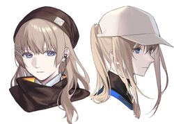  2girls baseball_cap beanie blonde_hair blue_eyes breasts brown_hair cropped_shoulders expressionless girls_frontline hair_clipper hat highres long_hair looking_at_viewer medium_breasts mik_blamike multiple_girls parted_lips ponytail scar-h_(girls'_frontline) scar-l_(girls'_frontline) scarf sidelocks simple_background teeth white_background white_headwear 